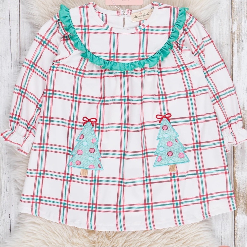 Plaid Dress with Christmas Tree Appliqué